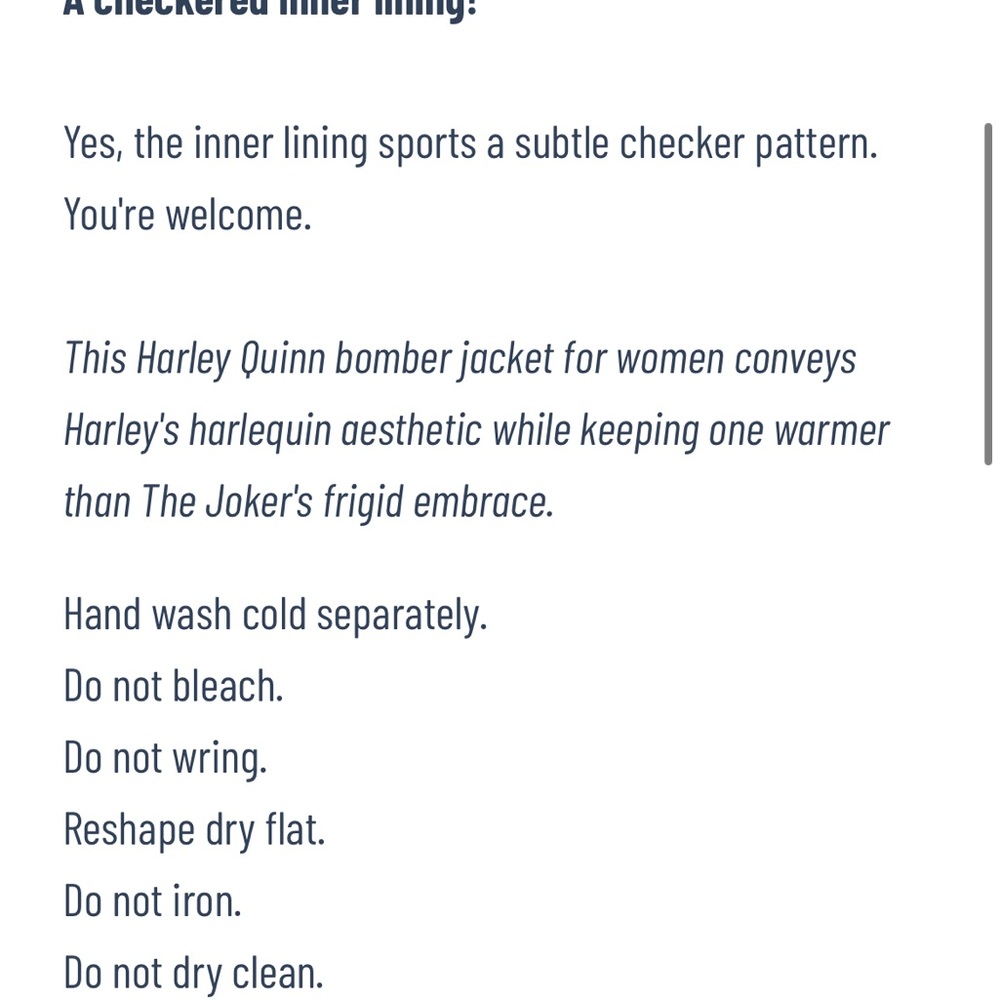 Harley Quinn size SMALL Classic Women's Bomber Jacket - Picture 9 of 10